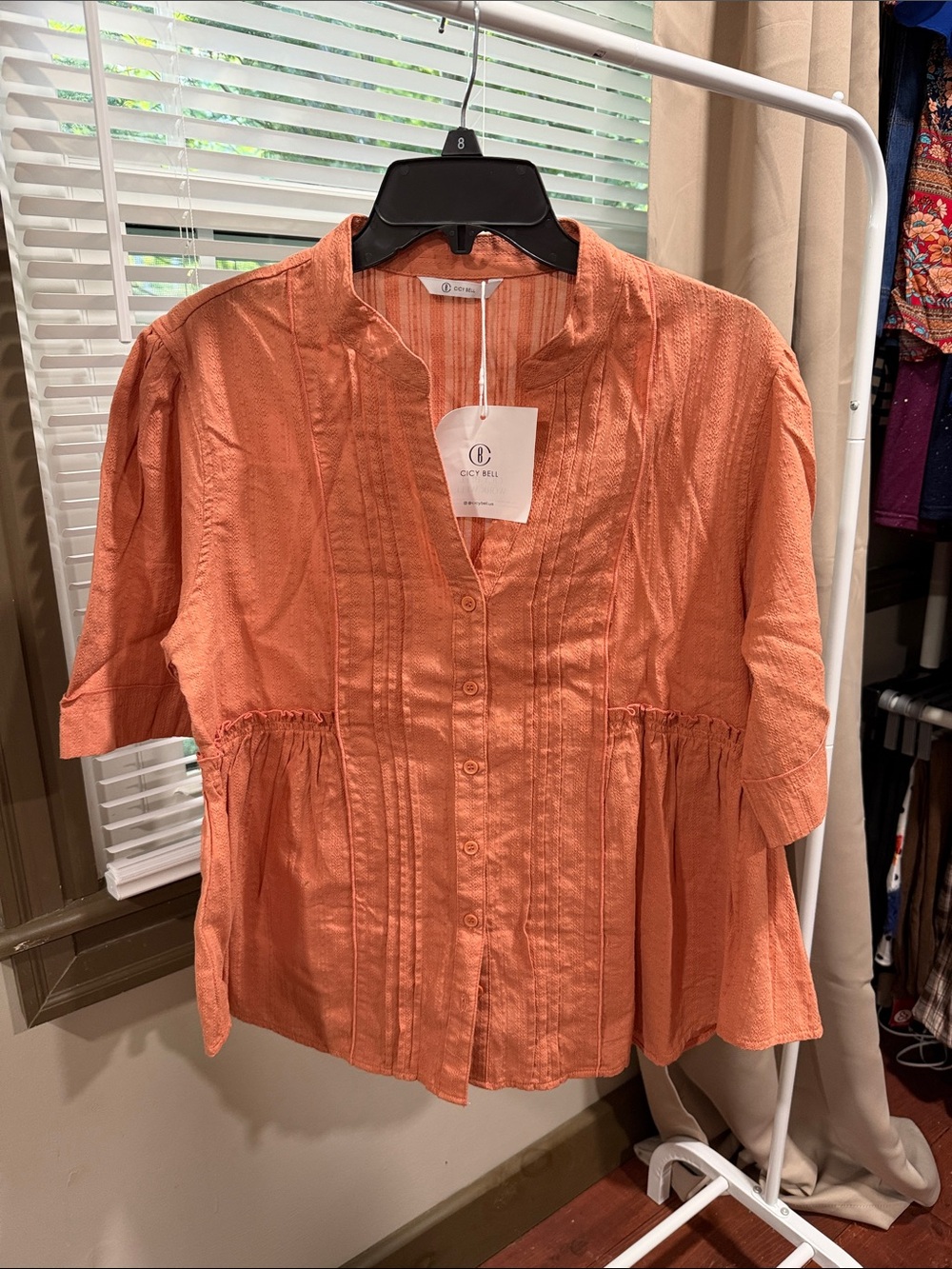 Cozy Bell Coral Button-Front Peplum Blouse- fits oversized